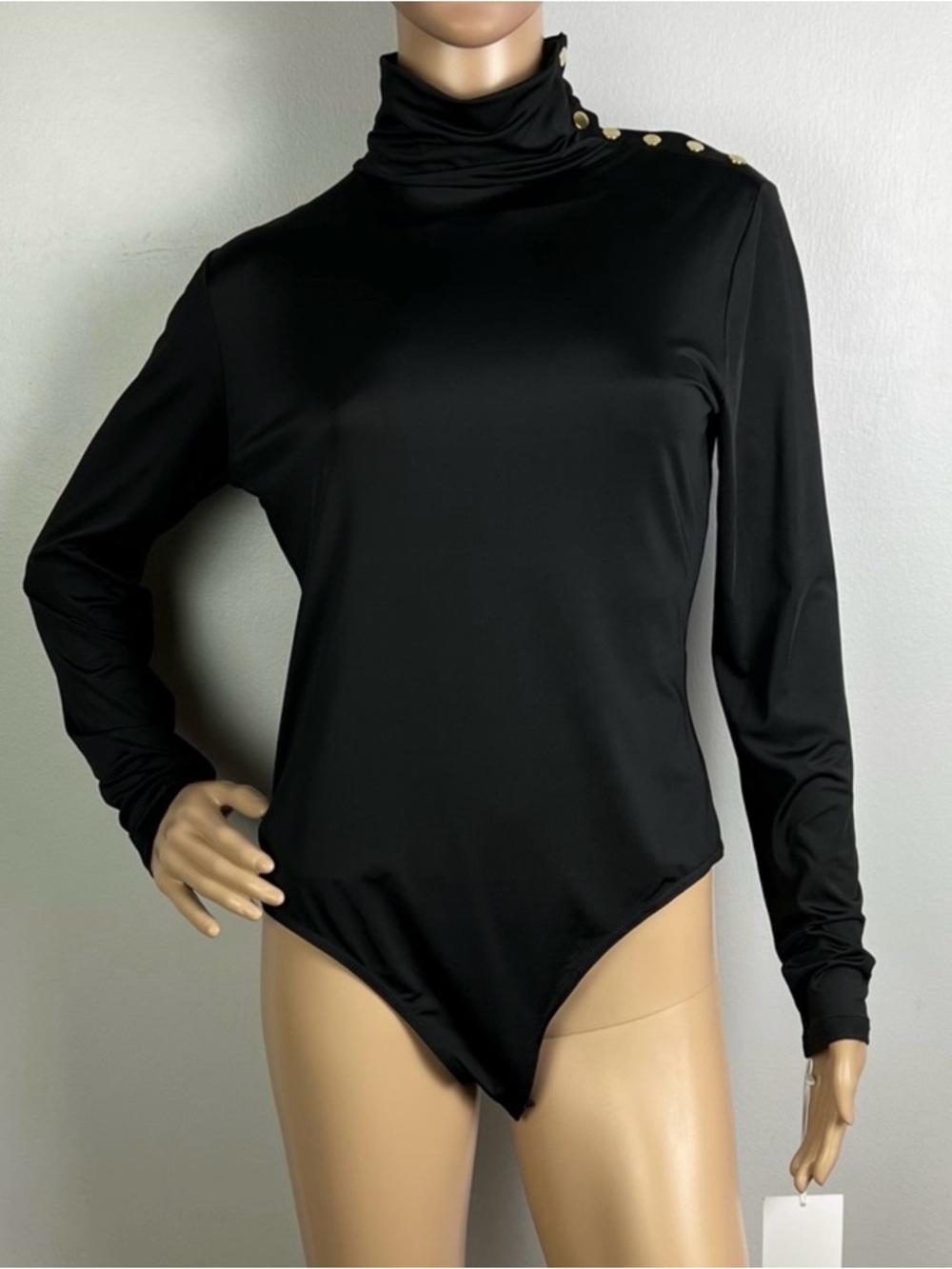 Amanda Uprichard Black Long-Sleeve Turtleneck Top with Shoulder Buttons - Picture 2 of 8